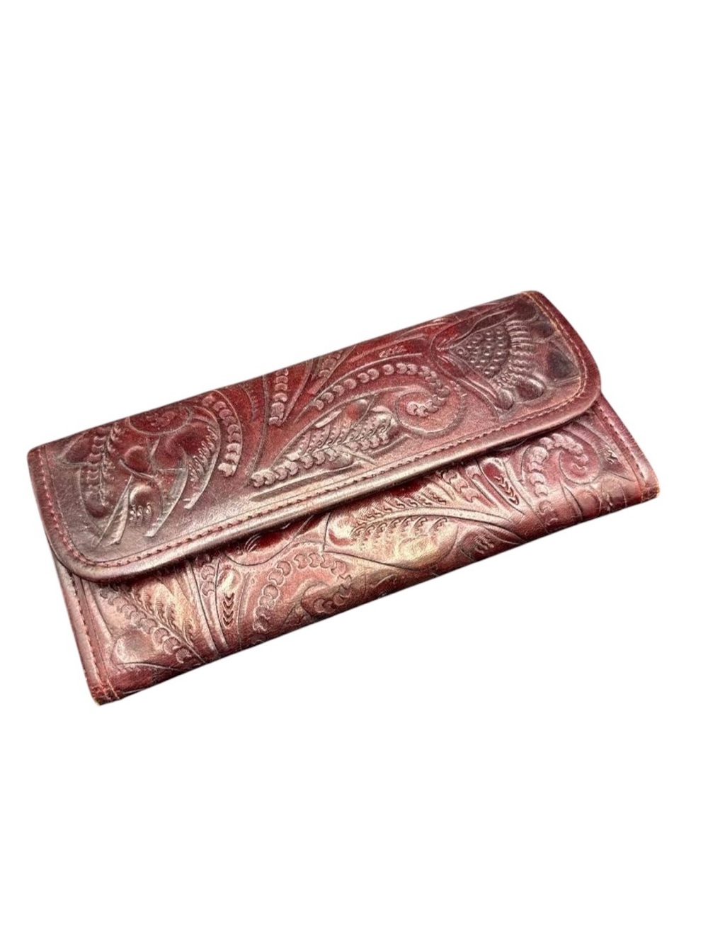 Vintage Tooled Leather Mexican Envelope Clutch Wallet Maroon Leather Wallet